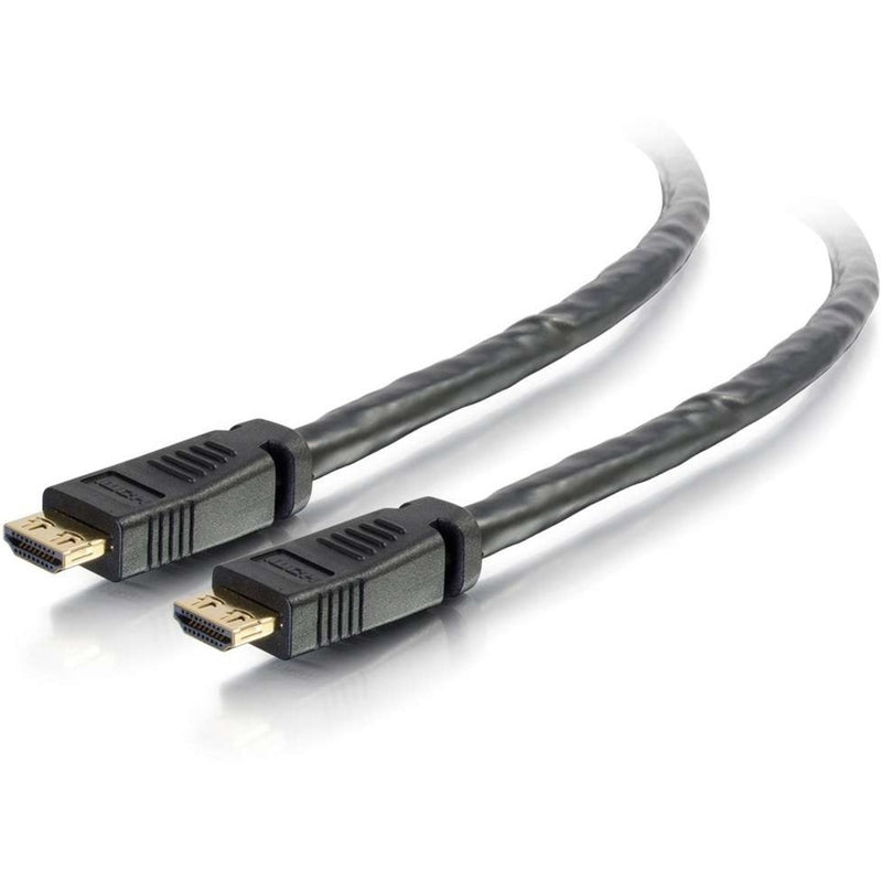 Close-up view of gold-plated HDMI connectors with gripping mechanism on black cable