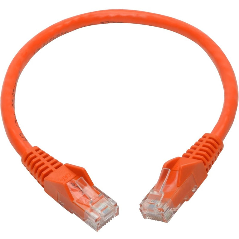 Full length view of orange Cat6 ethernet patch cable showing flexible design and strain relief boots