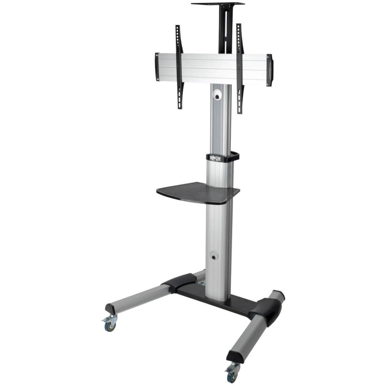 Side view of Tripp Lite DMCS3270XP mobile TV stand showing height-adjustable column and equipment shelf-alternate-image1