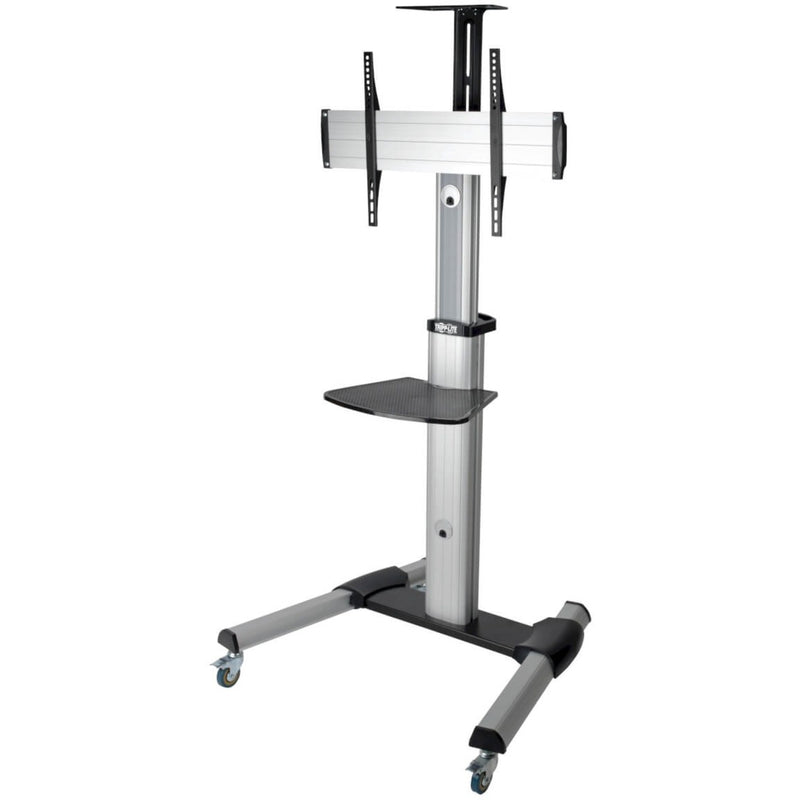 Side view of Tripp Lite DMCS3270XP mobile TV stand showing height-adjustable column and equipment shelf