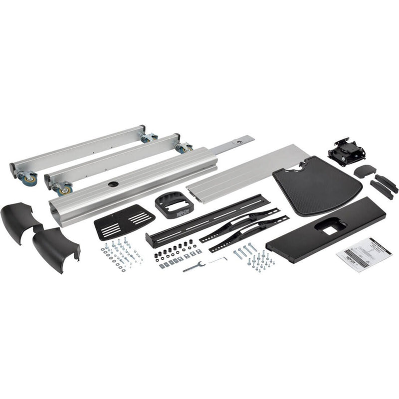 Exploded view of Tripp Lite mobile display stand components and hardware