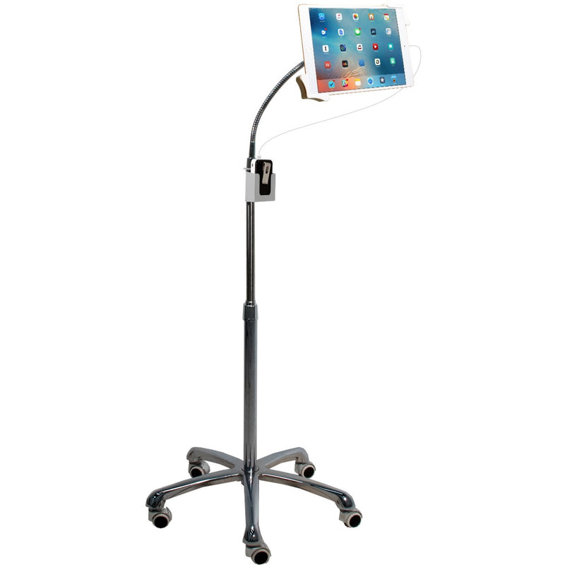 Full view of mobile tablet floor stand with chrome base and gooseneck mount