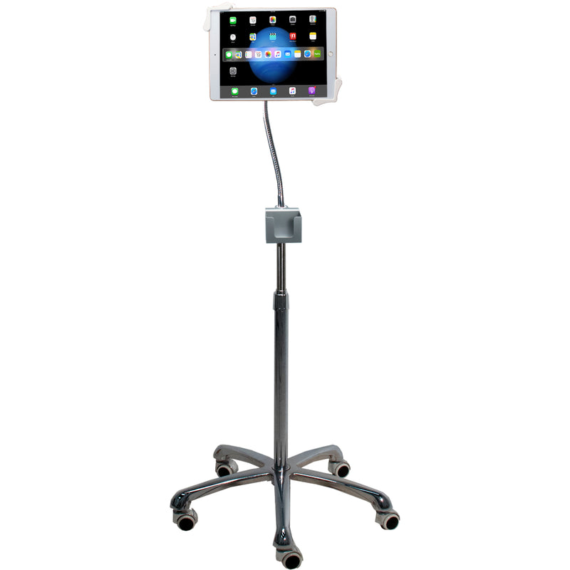 Full view of stand with tablet mounted in viewing position