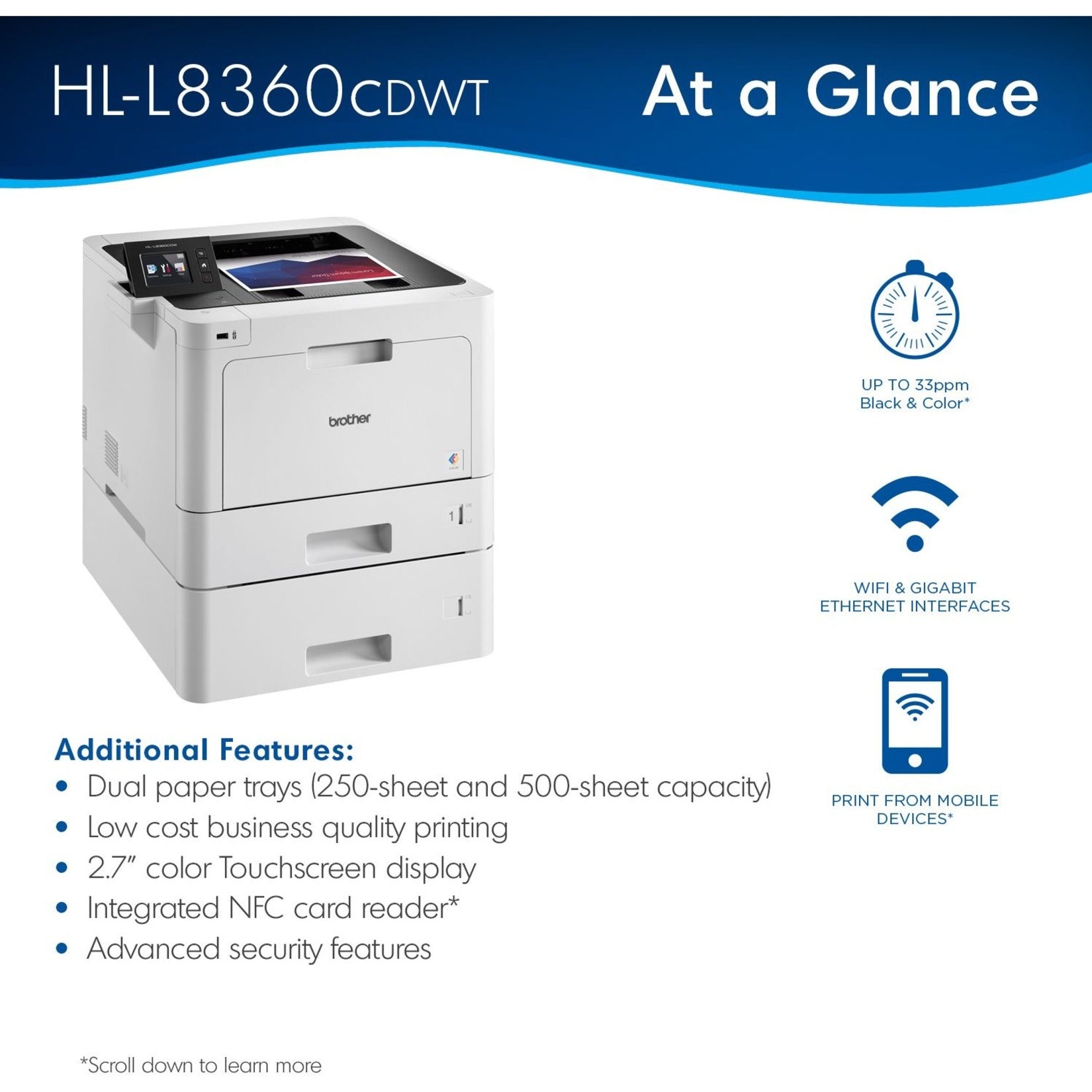 Brother HL-L8360CDWT Laser Printer, Wireless, 33PPM, 17.4"Wx19.5"Dx17.5"H, Gray
