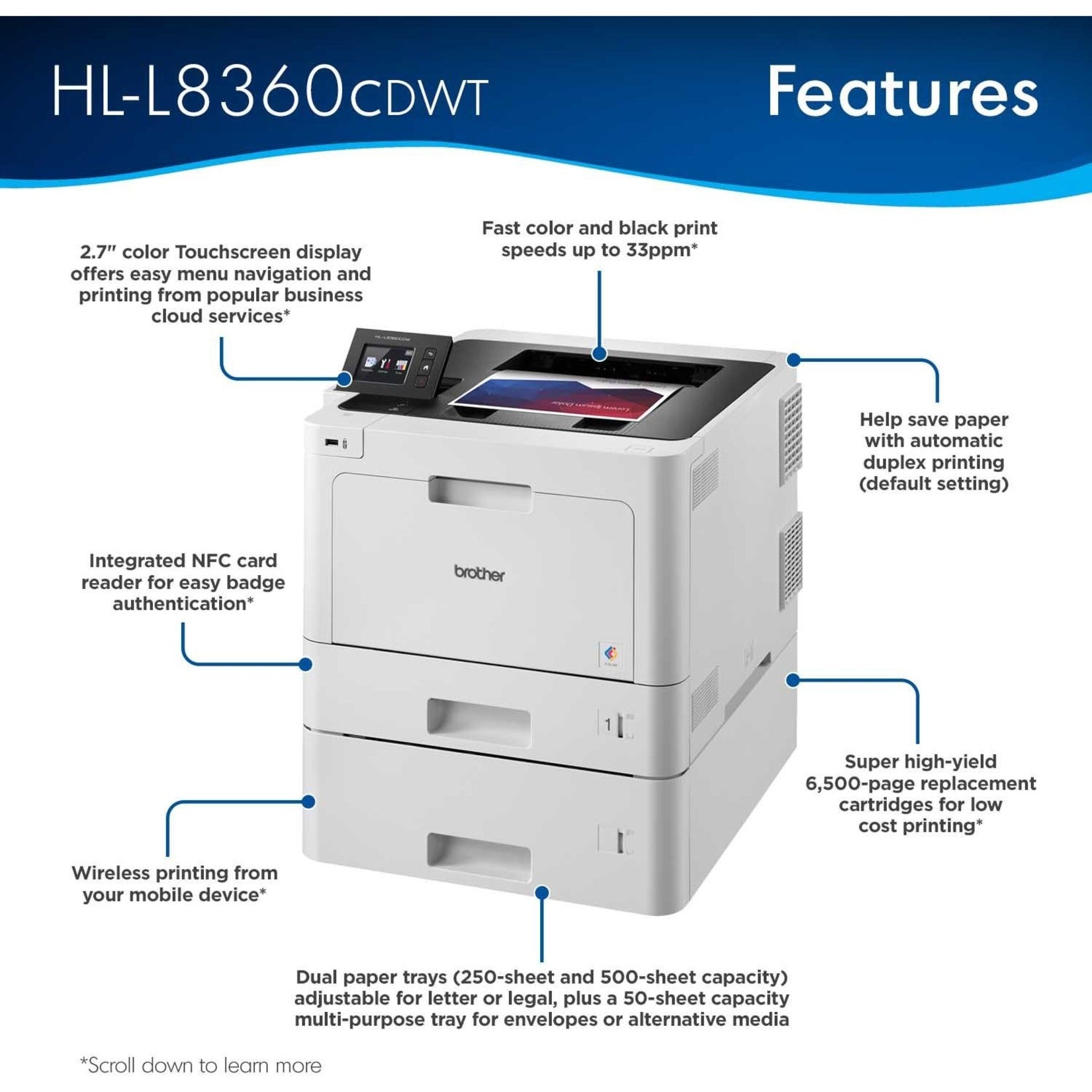 Brother HL-L8360CDWT Laser Printer, Wireless, 33PPM, 17.4"Wx19.5"Dx17.5"H, Gray