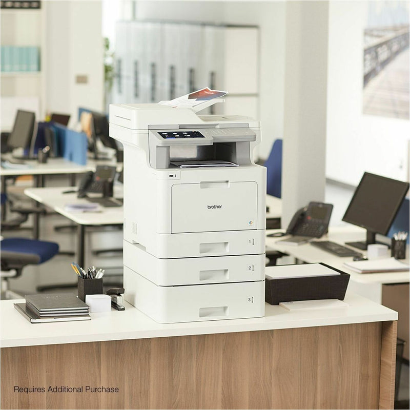 Brother printer in office setting with multiple LT340CL paper trays installed