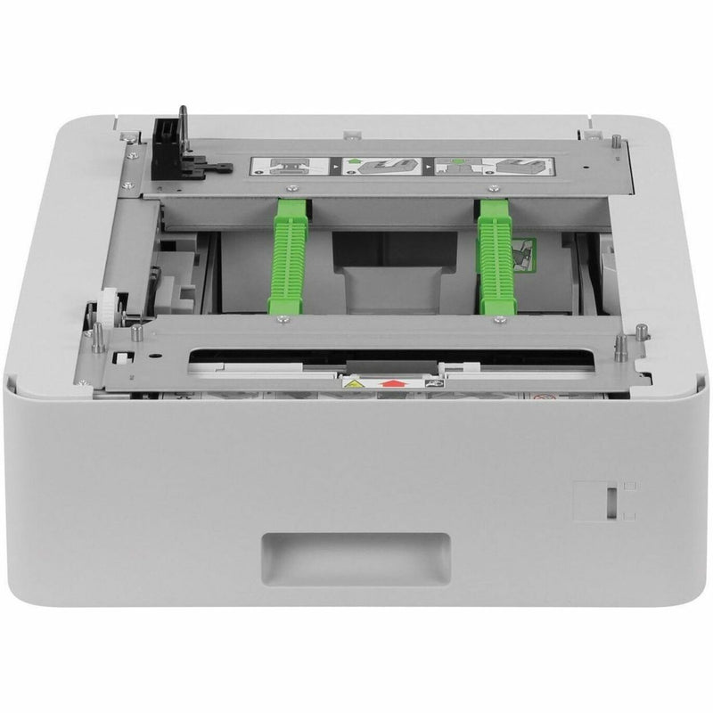 Internal view of Brother LT340CL paper tray showing green guide rails and paper path mechanisms