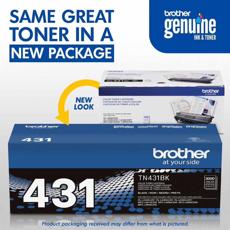 New and previous packaging comparison of Brother TN431BK toner cartridge showing design evolution