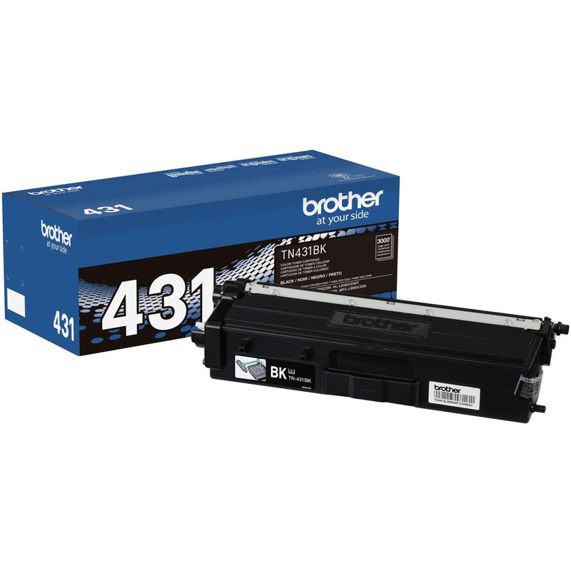 Brother TN431BK original black toner cartridge with packaging showing product details and compatibility information