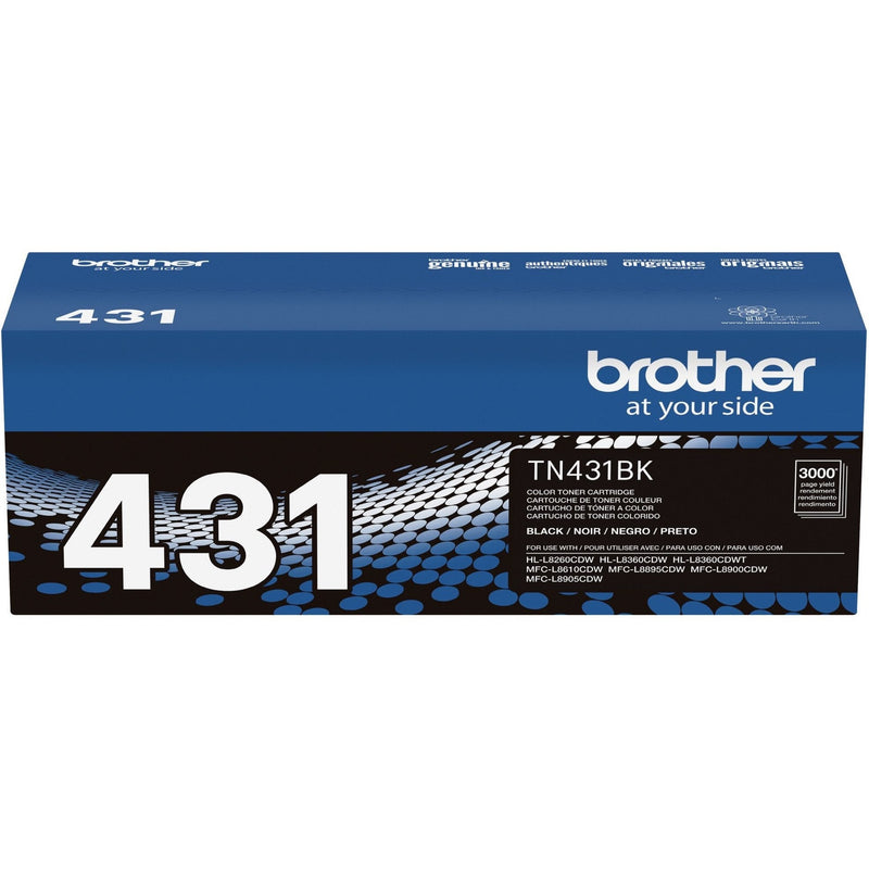 Brother TN431BK toner cartridge packaging highlighting genuine product authenticity