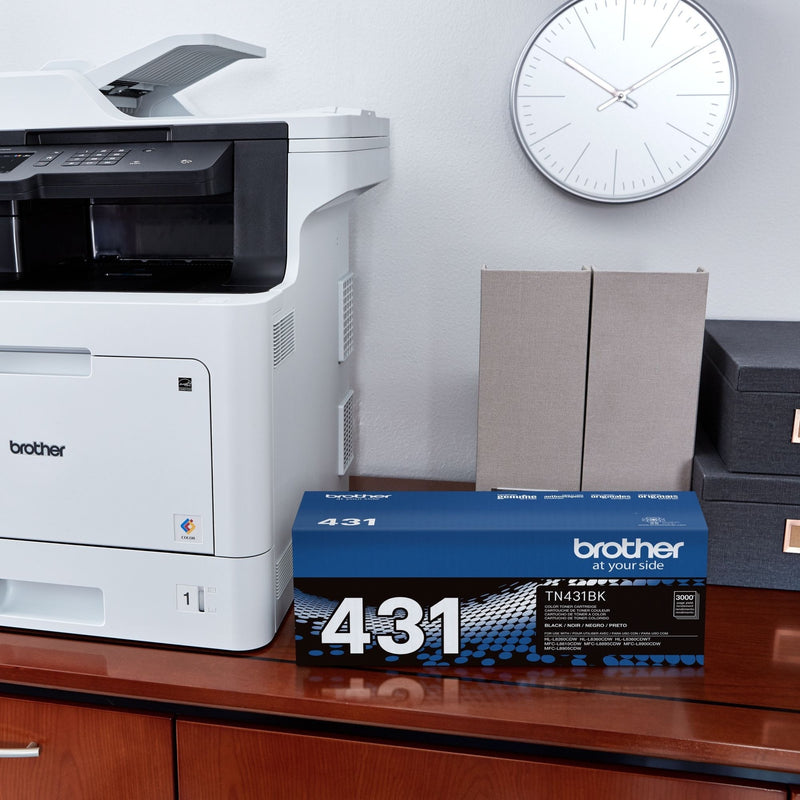 Brother printer and TN431BK toner cartridge in office setting showing workplace compatibility