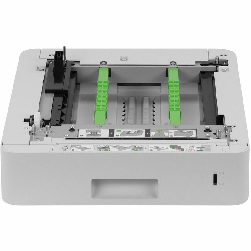 Internal view of Brother LT-330CL lower paper tray showing green guide rails and paper alignment mechanism