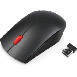 Angled view of Lenovo ThinkPad Essential Wireless Mouse highlighting scroll wheel and shape