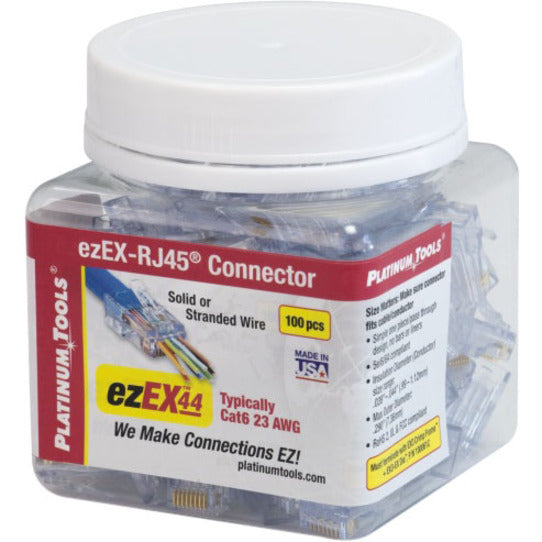 Storage container of ezEX-RJ45 connectors showing product specifications and branding