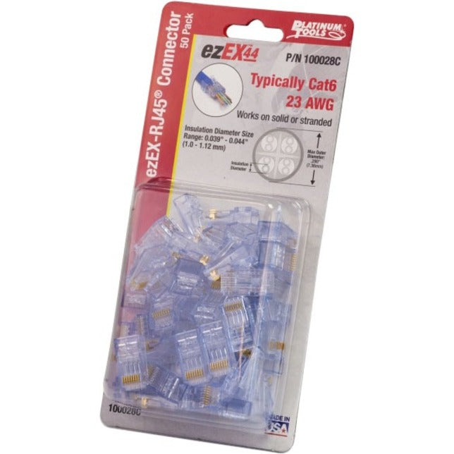 Retail package of ezEX-RJ45 CAT6 connectors showing transparent blue connectors in blister packaging