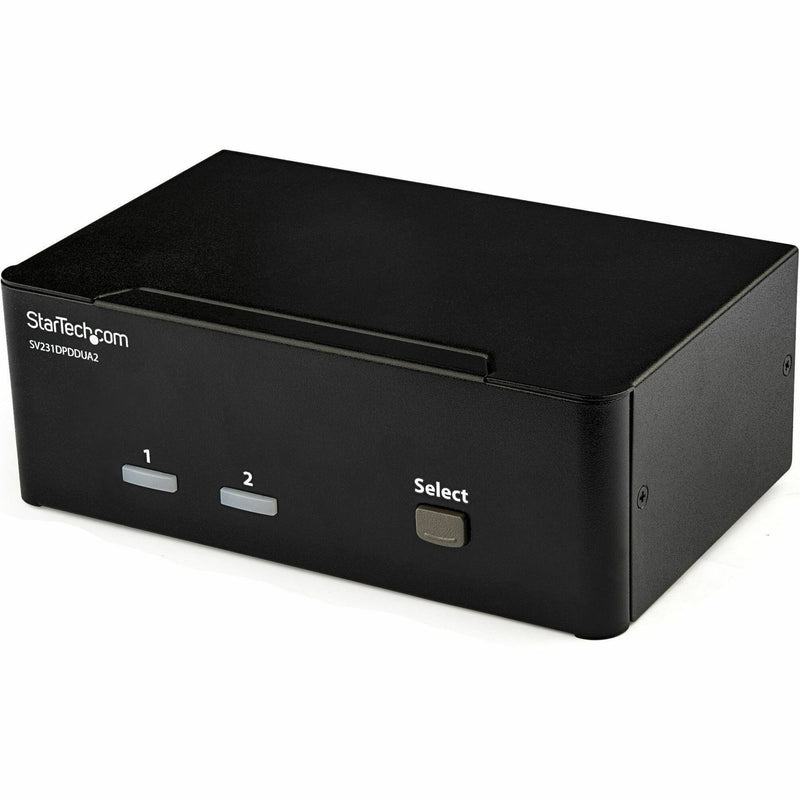 Front view of StarTech.com dual-monitor KVM switch showing selection buttons and sleek black design