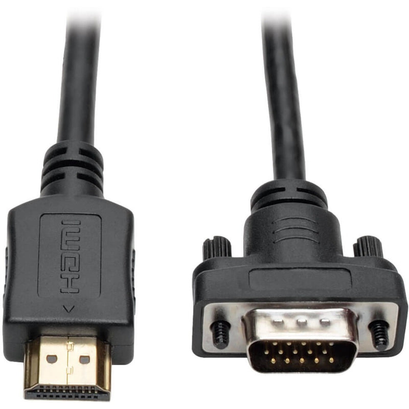 Close-up of gold-plated HDMI and VGA connectors on Tripp Lite P566-006-VGA converter cable