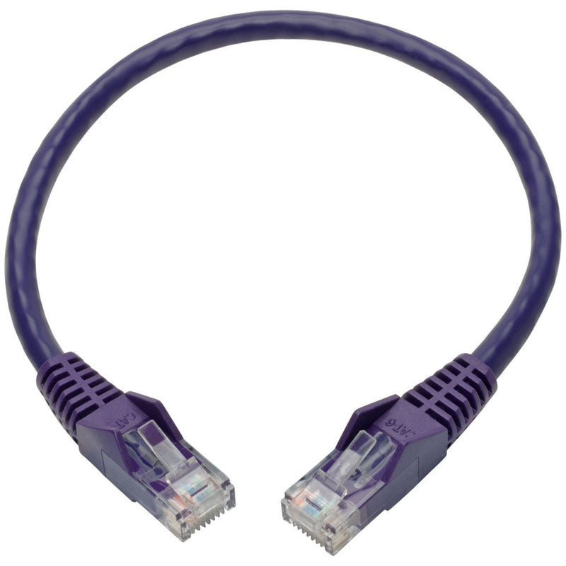 Full view of purple Cat6 patch cable showing flexible design and both connectors