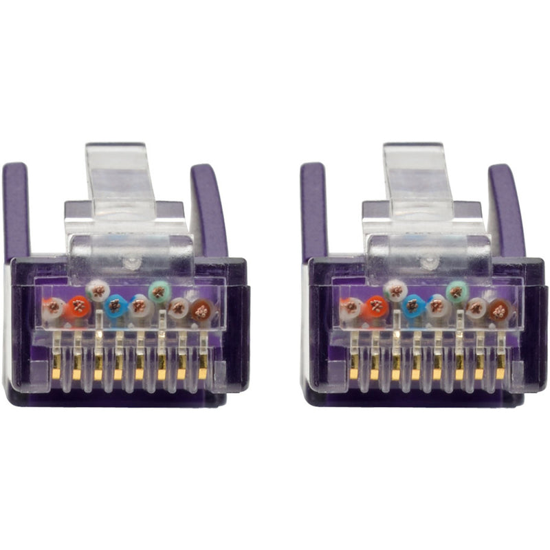 Detailed view of RJ45 connector pins showing color-coded wiring and gold contacts