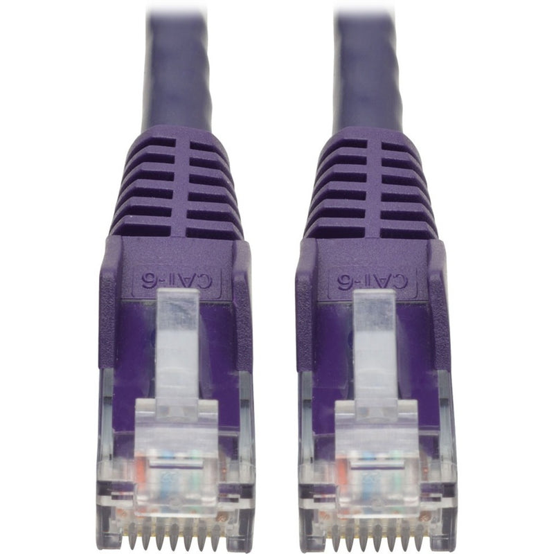 Close-up view of two purple Cat6 RJ45 connectors with gold-plated contacts and strain relief boots