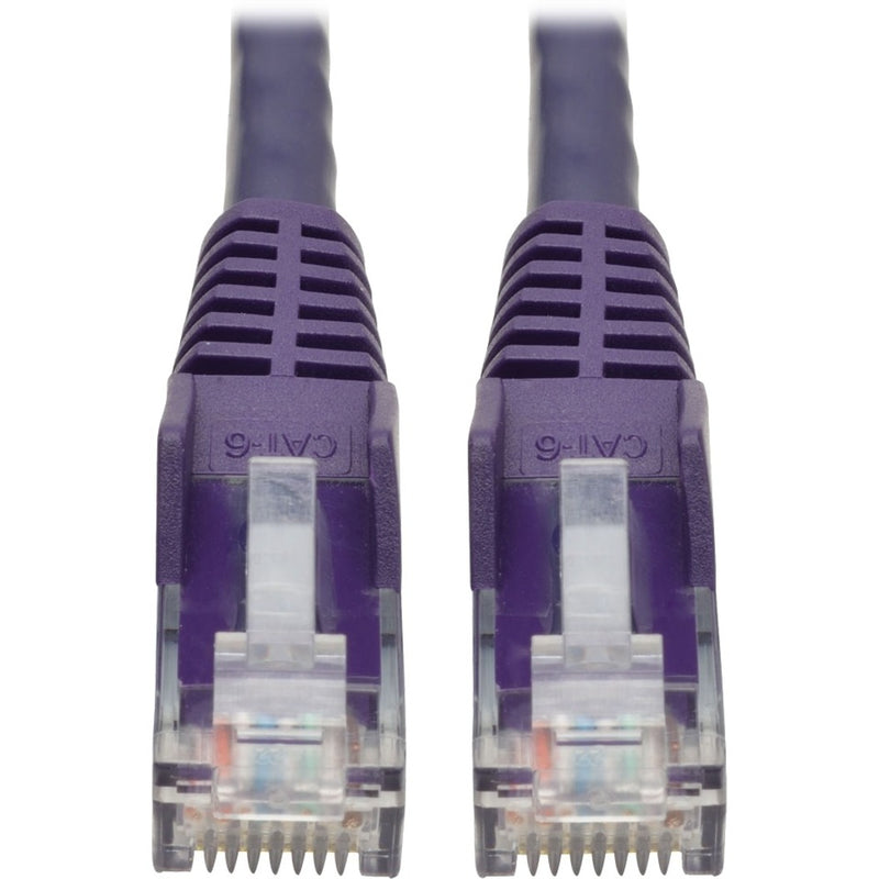 Close-up view of purple Cat6 cable RJ45 connectors with strain relief boots and transparent housing