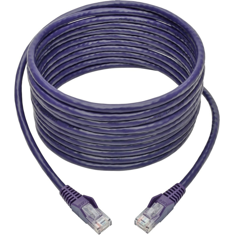 Coiled purple Cat6 ethernet cable showing flexibility and strain relief boots