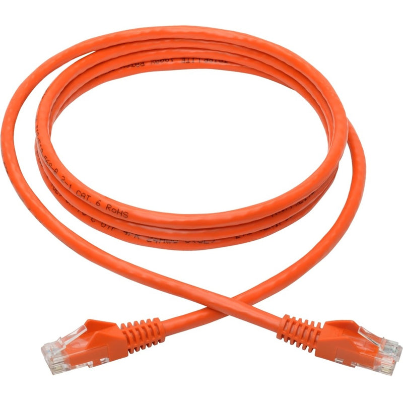 Full length view of orange Cat6 network cable showing flexibility and RJ45 connectors