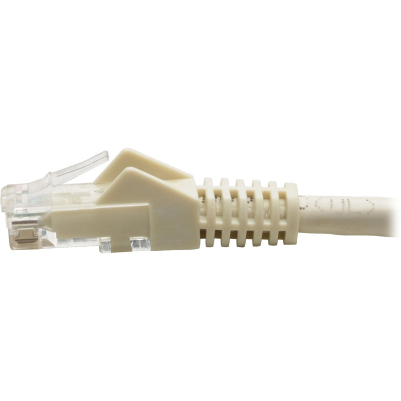 Angled view of Cat6 cable connector showing internal construction and strain relief