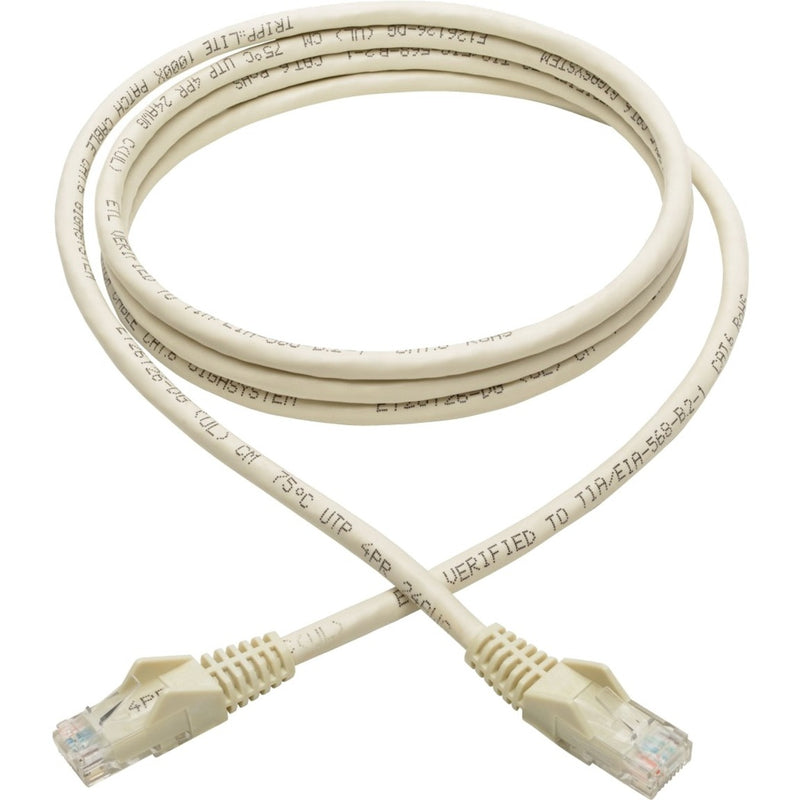 Full length view of white Cat6 ethernet cable showing cable markings and both connectors