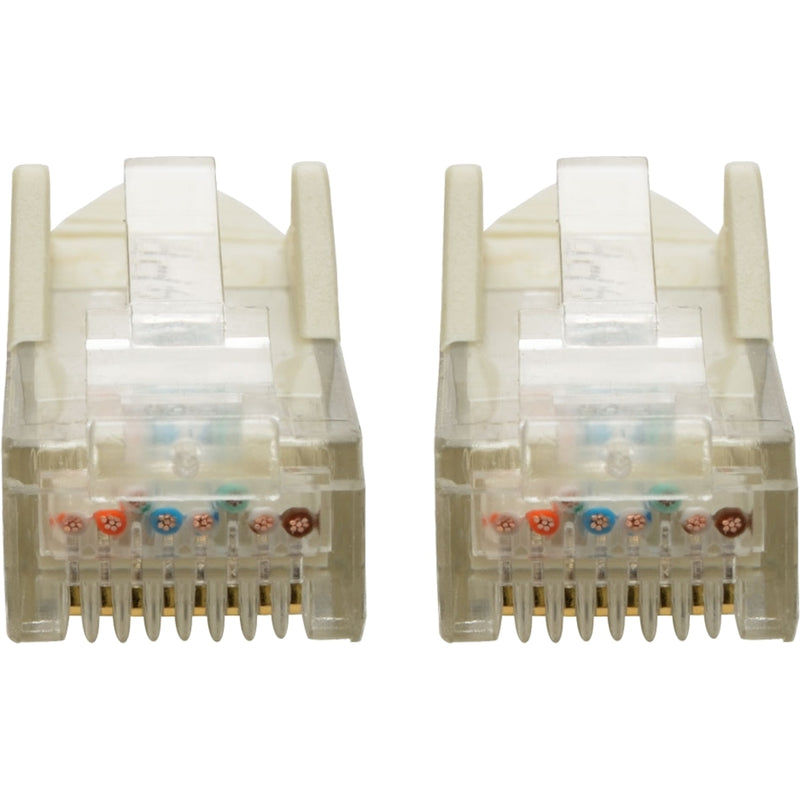 Detailed front view of RJ45 connector pins showing contact arrangement and wiring