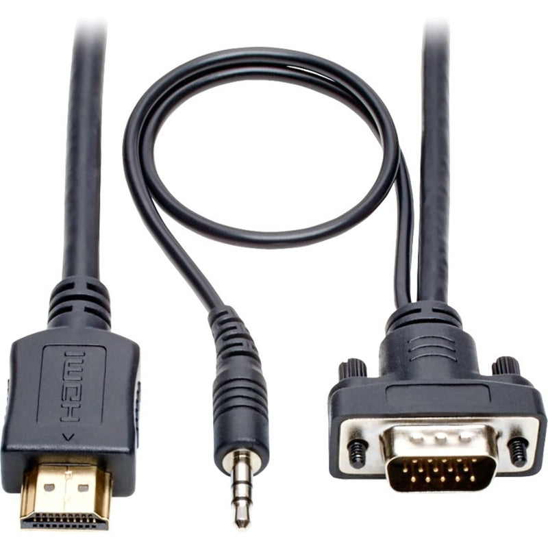 Close-up view of HDMI, 3.5mm audio, and VGA connectors on Tripp Lite P566-015-VGA-A cable showing gold-plated contacts