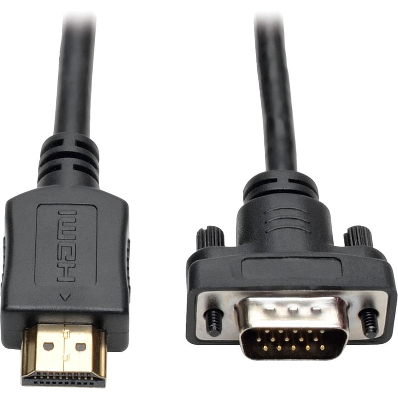 Close-up view of gold-plated HDMI connector and VGA connector on Tripp Lite P566-015-VGA cable