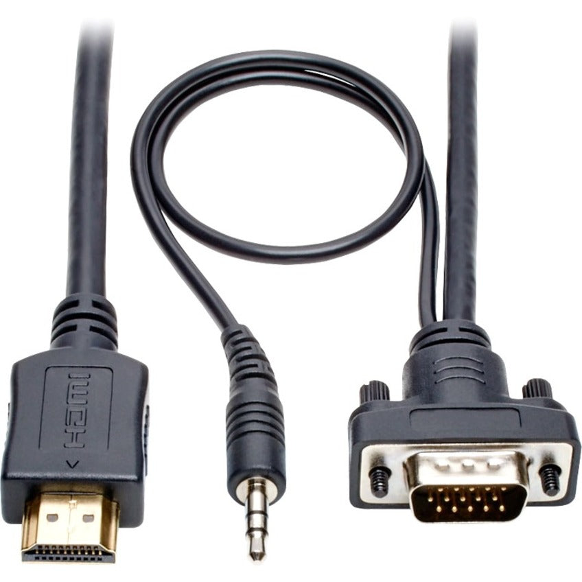 Close-up of HDMI to VGA converter cable showing gold-plated HDMI connector, VGA port, and 3.5mm audio jack-alternate-image1