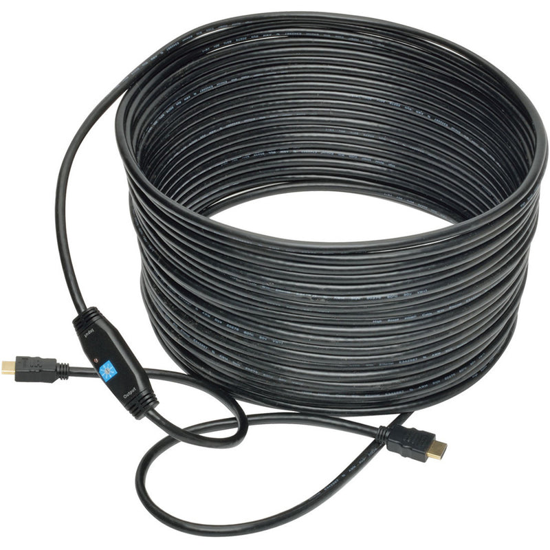 Full length view of 50-foot HDMI cable with signal booster module and coiled design