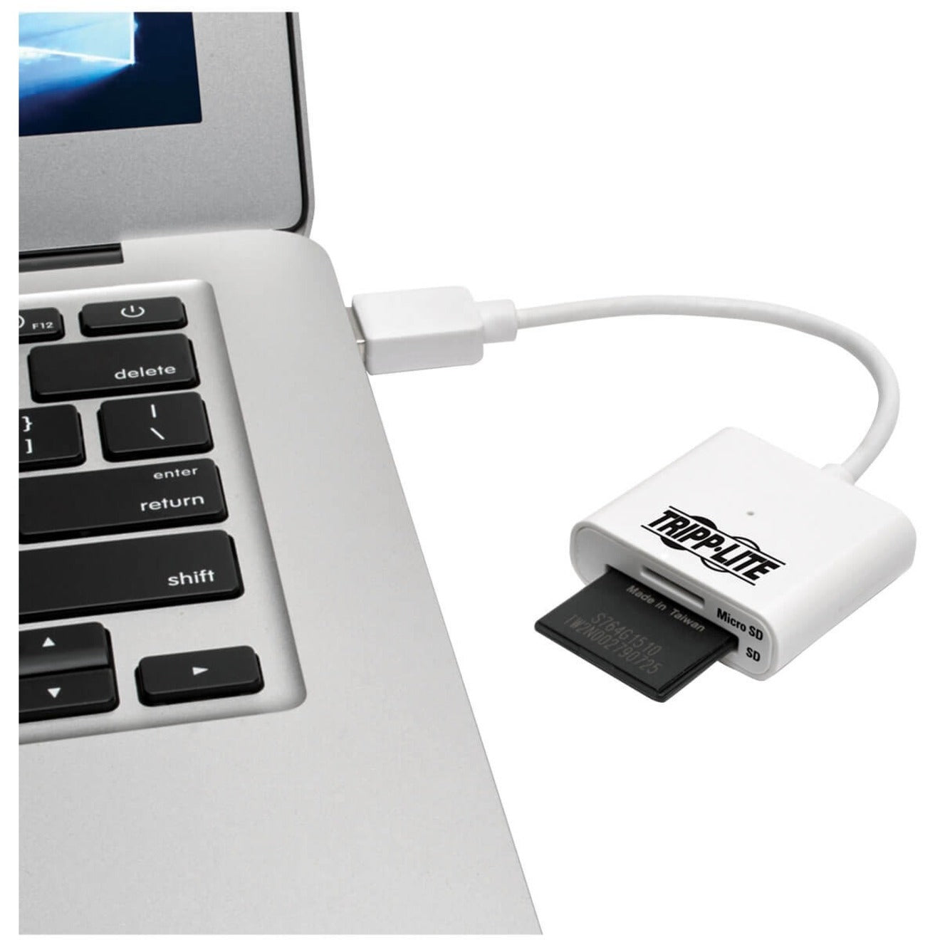 Tripp Lite card reader connected to laptop USB port with memory card inserted-alternate-image2