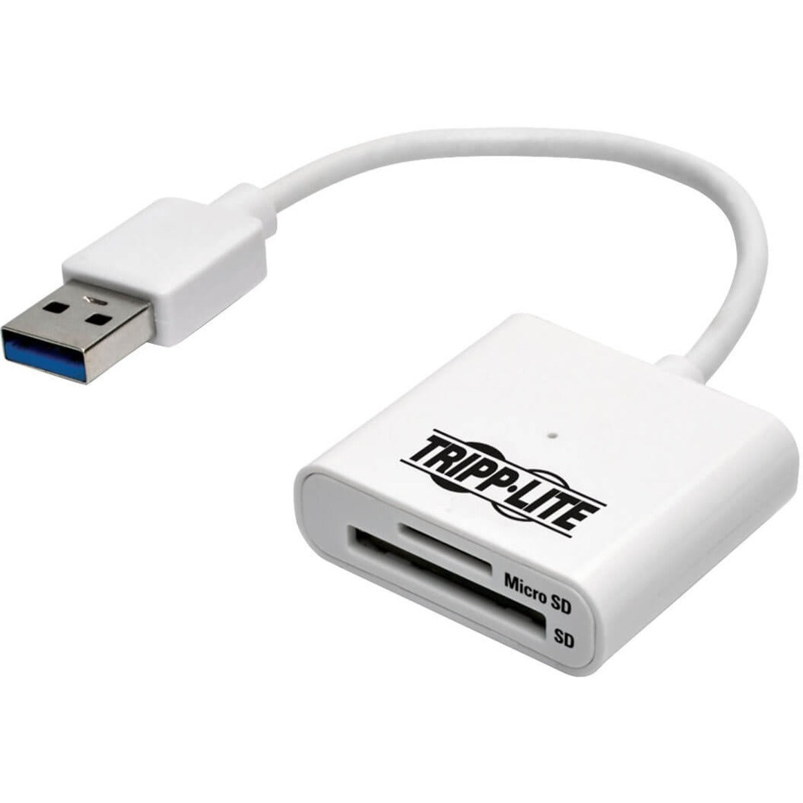 White Tripp Lite USB 3.0 card reader with SD and Micro SD slots shown with USB connector-alternate-image1