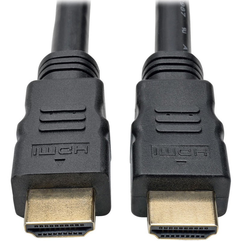 Close-up of gold-plated HDMI connectors with molded strain relief on Tripp Lite P568-080-ACT cable