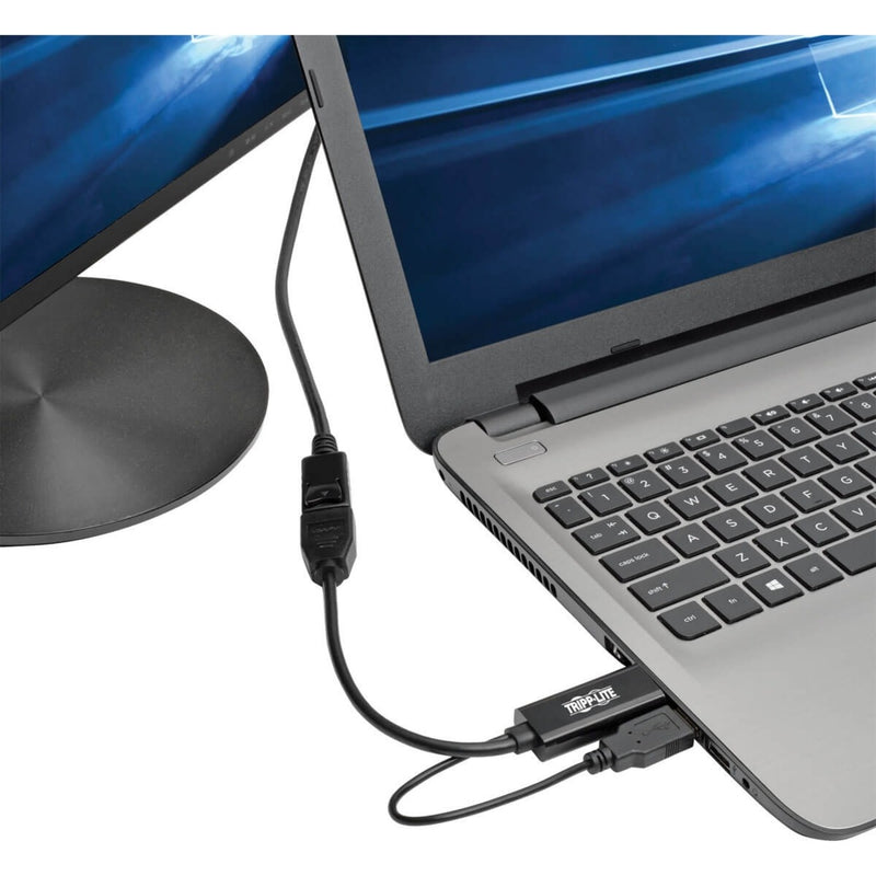 Tripp Lite converter connected to laptop and display showing practical usage scenario