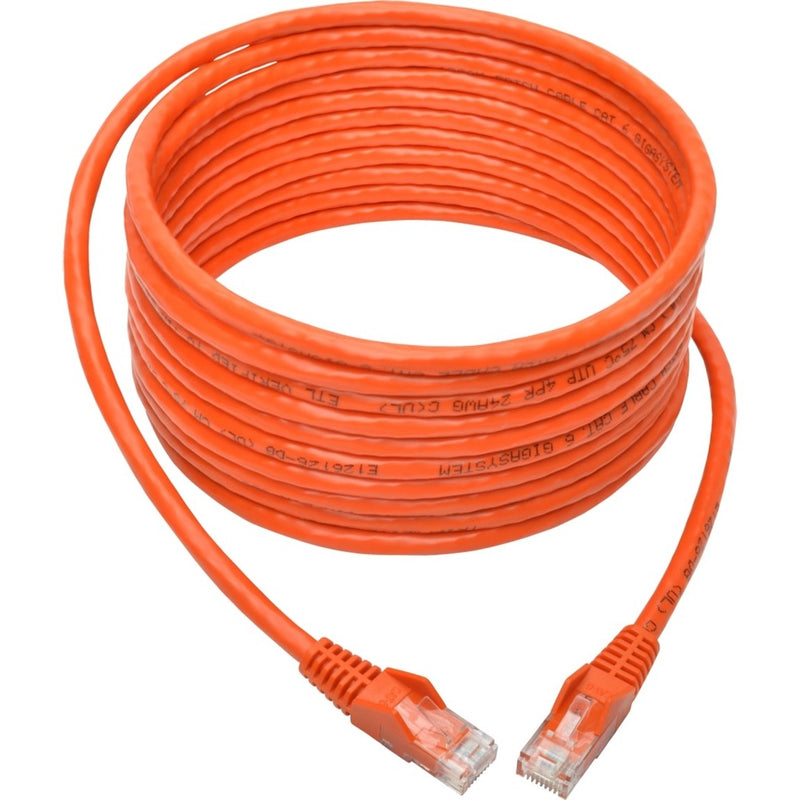 Full length view of orange Cat6 ethernet patch cable showing flexible cable management