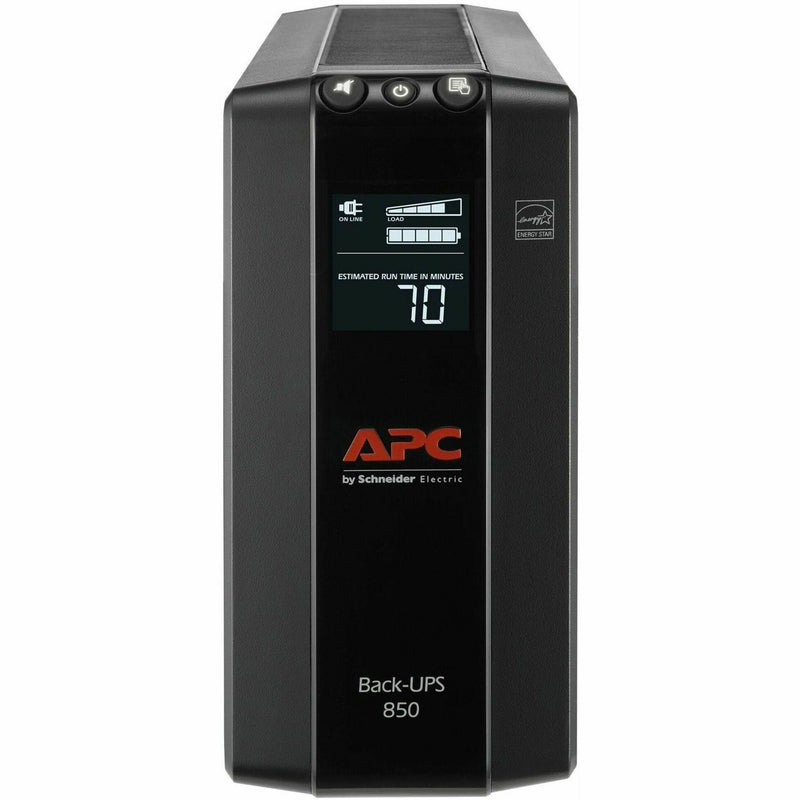 Front view of APC BX850M UPS showing LCD display with runtime estimation of 70 minutes and power status indicators