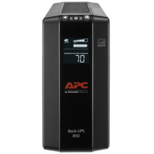 Angled view of APC BX850M UPS showing compact tower design and control interface