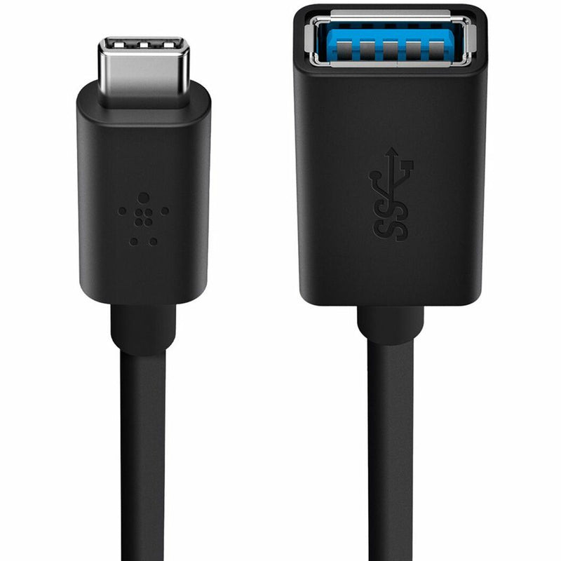 Close-up perspective of Belkin cable USB-C and USB-A connectors highlighting reversible design