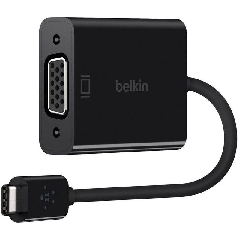 Side view of Belkin USB-C to VGA adapter showing sleek black housing and curved cable design