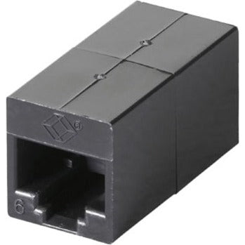 Black Box FM609 CAT6 unshielded coupler showing dual RJ-45 female ports in black housing