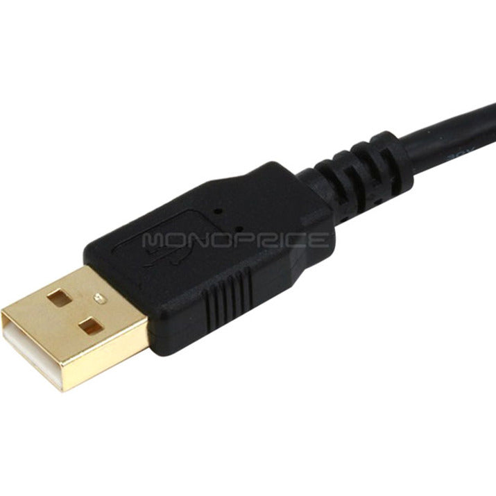 Detailed view of gold-plated male USB connector with Monoprice branding