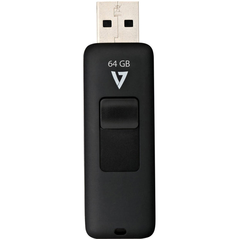 V7 64GB black USB flash drive with retractable connector design showing USB port and sliding mechanism