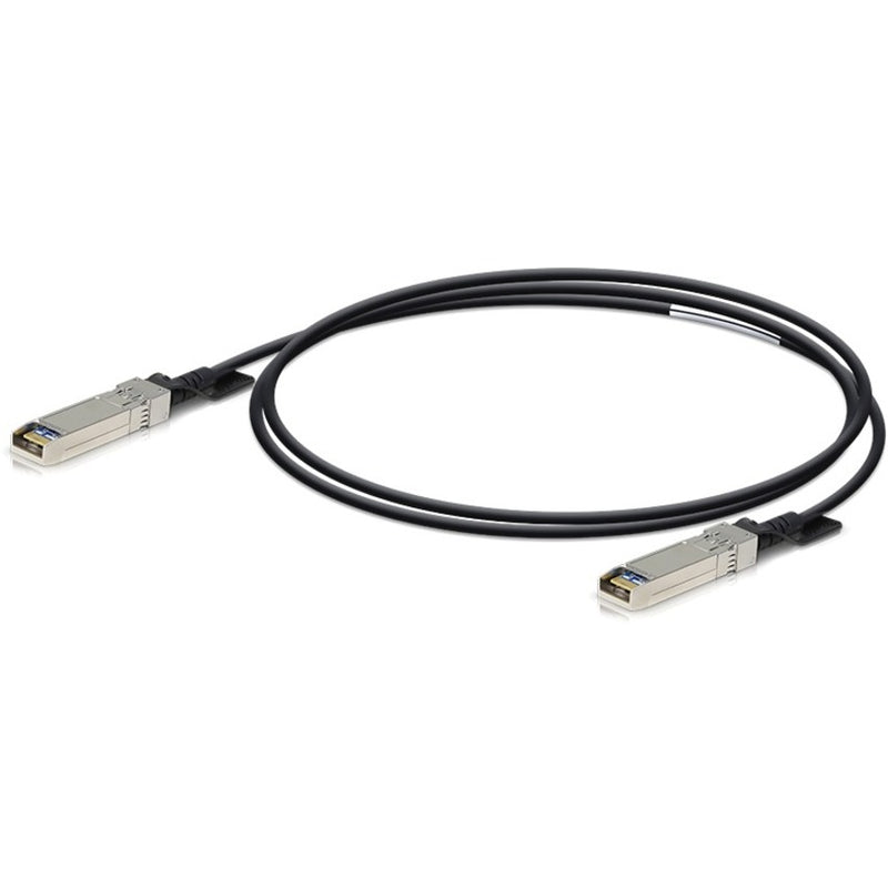 Ubiquiti UDC-2 black network cable with metal SFP+ connectors, 6.56 feet in length, coiled against white background