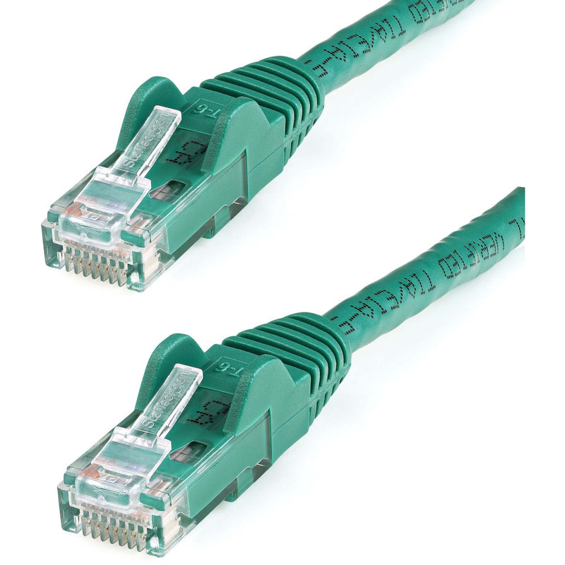 Close-up view of gold-plated RJ45 connectors on green Cat6 ethernet cable showing detailed pin arrangement