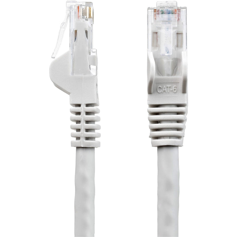 Side view of two RJ45 connectors showing CAT-6 marking and strain relief design on white ethernet cable