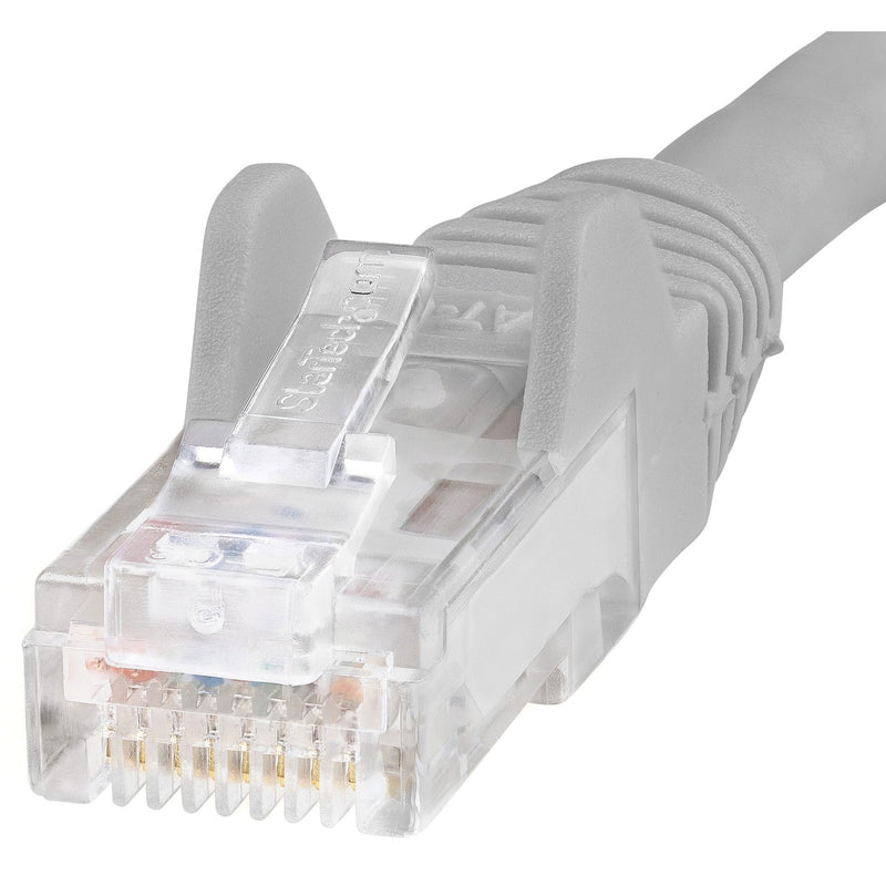 Detailed view of RJ45 connector showing snagless clip design and strain relief boot on gray ethernet cable